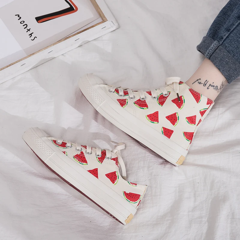 

2019 Spring New Women Canvas Shoes Red Cherry Pineapple Watermelon High Top Low Top Lace Up Lady Fashion Sneakers Ins Style