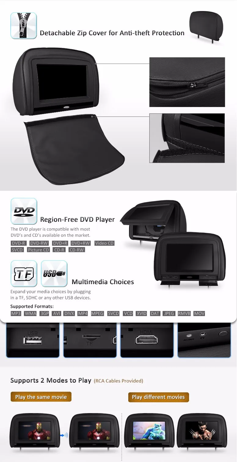 Top 2x9" Black Color (Grey & Beige Optional) Headrest Car DVD Car Headrest Monitor with DVD Buit-in HDMI Port IR& FM Transmitter 5