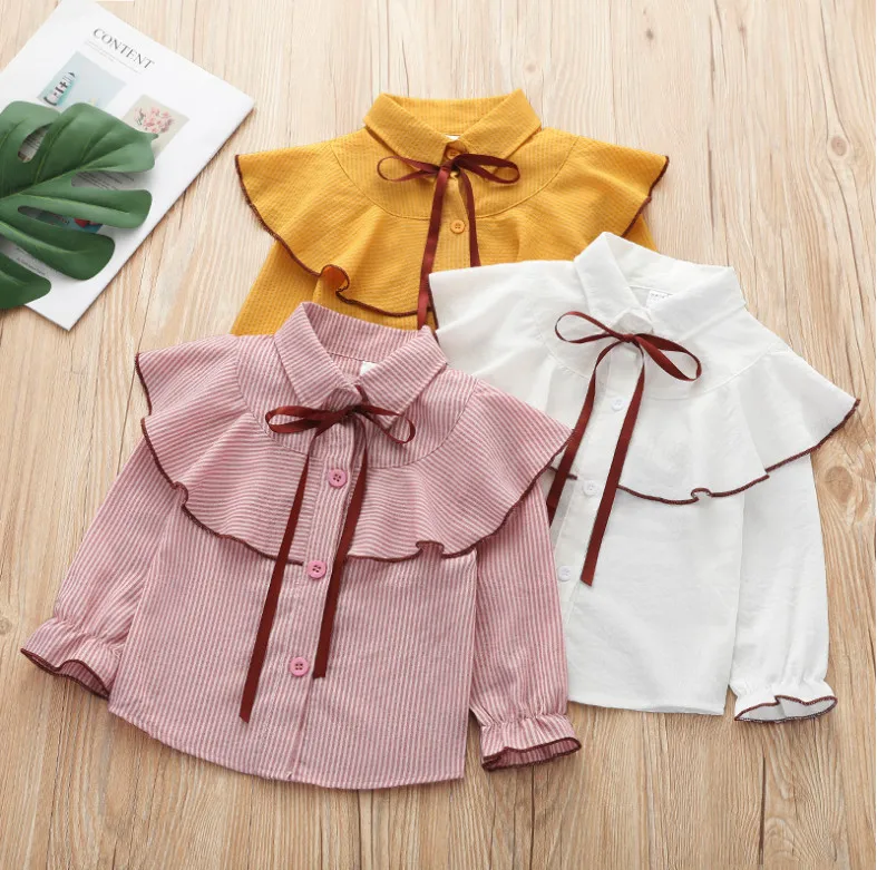 

New Baby Girls Blouses Fashion Lotus Leaf Edge Turn-down Collar Girl Shirts Striped Princess Blouses Shirts Children Clothes