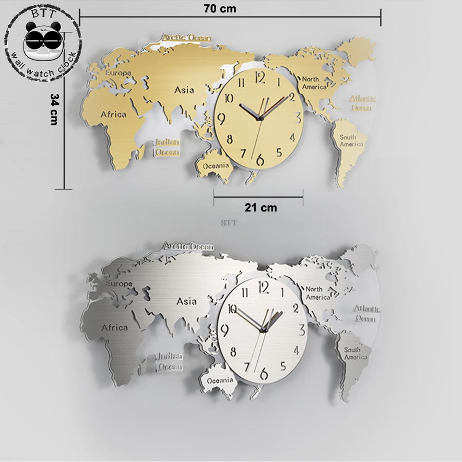 Роскошные современные карта мира настенные часы для гостиной 3D украшения элегантные большие металлические настенные часы