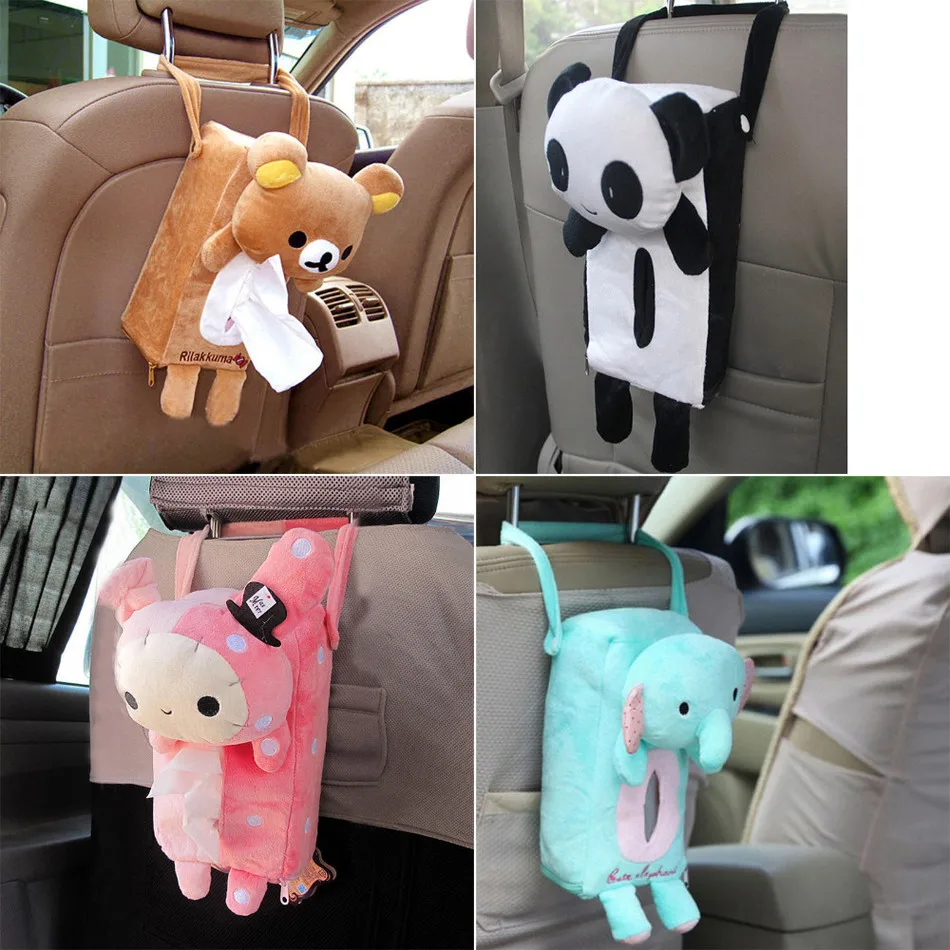 Cute Animal Car Ornaments Hanging Accessories for Girls Tissue Box Back Napkin Paper Towel Box Covers Case 4 Colors