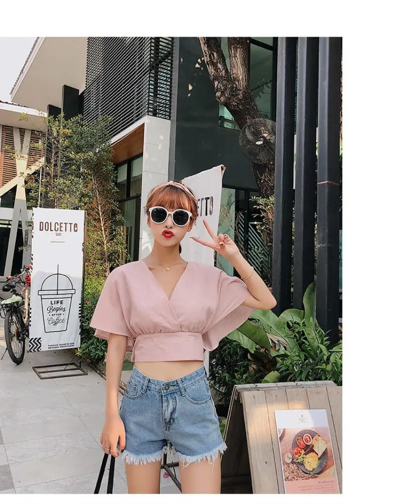 2018 summer women short flare sleeve short top sexy wrap v neck blouse female vacation lace up bow tie crop shirt top