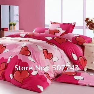 free ship! new100% Cotton red heart pattern printed 4pcs full comforter bedding sets 1pc quit cover 2pcs pillowslip bedsheet | Дом и сад