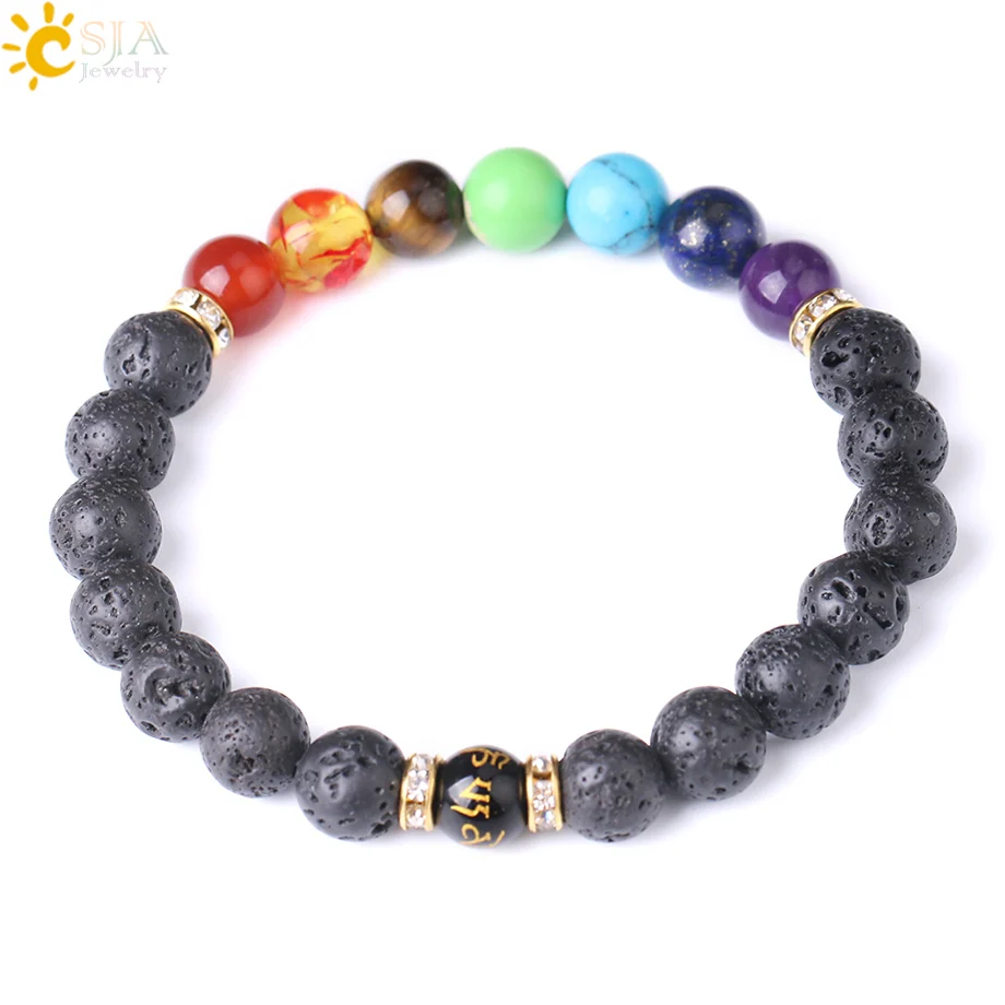 CSJA 8mm Mens Healing 7 Chakras Natural Black Lava Stone Beads Bracelets Meditation Ethnic OM Balancing Wristband Jewellery F284 photo