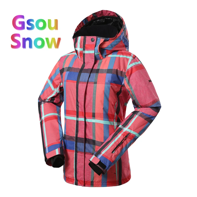 Gsou Sonw Outdoor Sports Winter Women Lattice Snowboarding Warmer Ski Jackets Stripes Waterproof Wave point Skiing Clothing