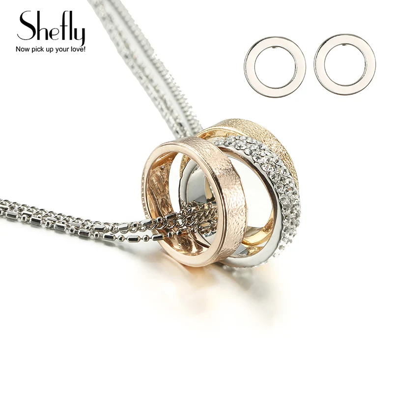 

Shefly Design Fashion Jewelry High Quality Zircon Ring Drop Pendant Necklace Gold Silver Color Circle With 70cm Layered Chain