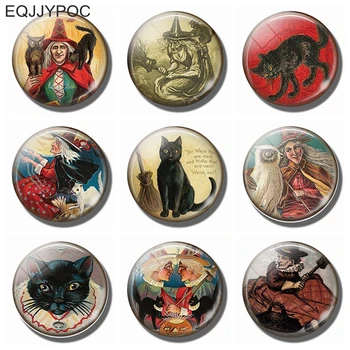 

Witch and Black Cat 30MM Fridge Magnet Handmade Glass Crystal Frigerator Magnets Magnetic Sticker Halloween Sorceress Home Decor