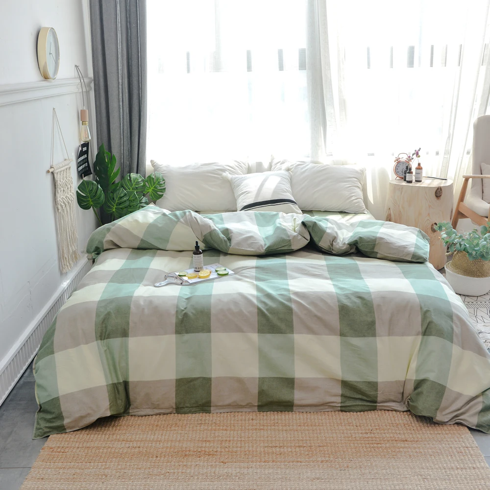 

Light Green Literary Style Plaid Pattern Bedding 220x240cm Size Queen King Size Duvet Cover Fiber Reactive Prints Quilt Cover