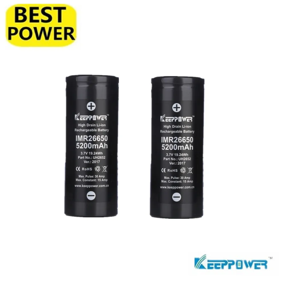 

2 Pcs Keeppower 26650 maximum 30A discharge 3.7V 5200mAh 19.24Wh IMR rechargeable lithium battery