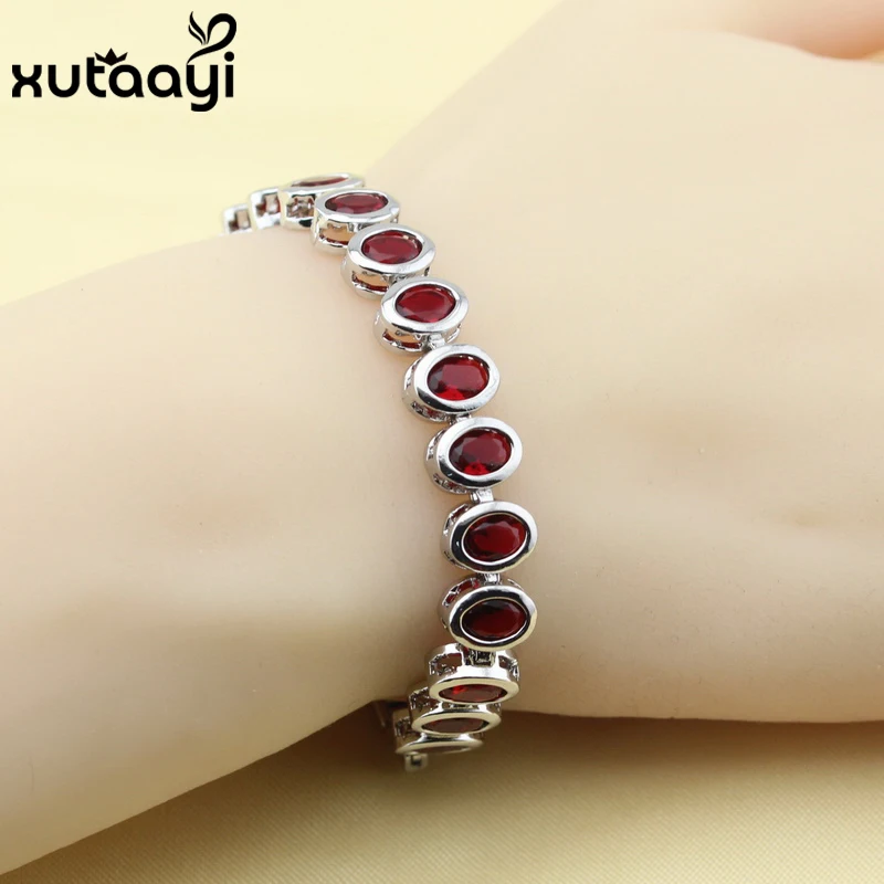 

Fashion Jewelry Red Created Garnet Sterling Silver Overlay Bracelet For Women Adjustable Link Chain Bracelet Length 18+2 cm