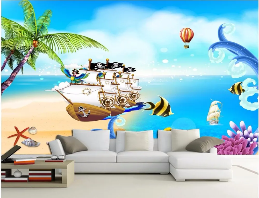 138 47 De Réduction3d Chambre Wallpaer Personnalisé Mural Dessin Animé Plage Pirate Navire Cocotier Peinture Photo Papier Peint Pour Murs 3 D