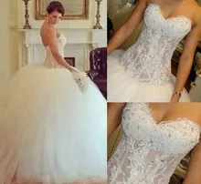 Amazing Design Ball Gown Puffy See Through Beaded Sweetheart Sweep Train Fluffy Tulle Wedding Dresses With Beadings MF634