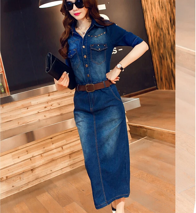 2015 Autumn New Blue Jean Dresses Slim Waist Ice Silk Denim Half Sleeve ...