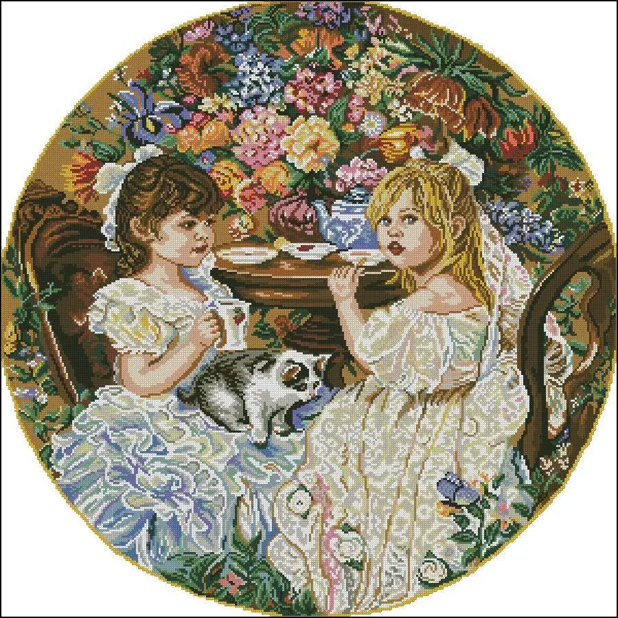 CS-1378 cross stitch kit Afternoon Tea sisters and cat kitty two girls drink tea.jpg