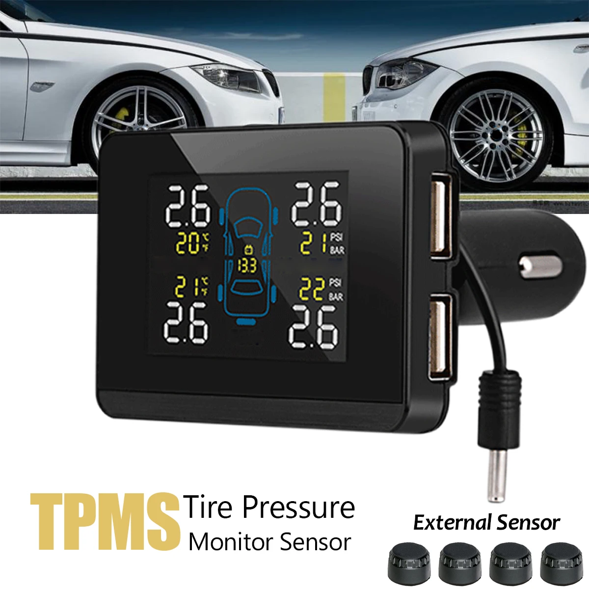

Car TPMS Tire Pressure Monitoring System Solar Charging VA HD Digital LCD Display Auto Alarm System Wireless +4 External Sensor