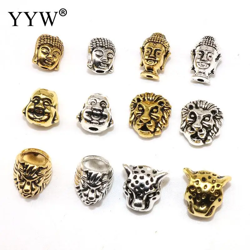 

YYW 20pcs Wholesale leopard lion Buddha Head Tibetan Silver Animal Beads For charm Jewelry Making European Spacer Beads Handmade