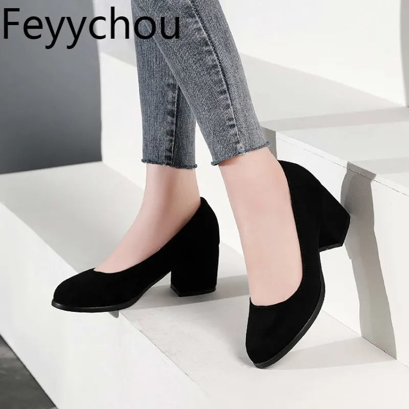 

Women's Pumps High Heels Spring Autumn Flock Round Toe Thick Heels Slip on 2019 New Sexy Fashion Sweet Beige Big Size 34-45