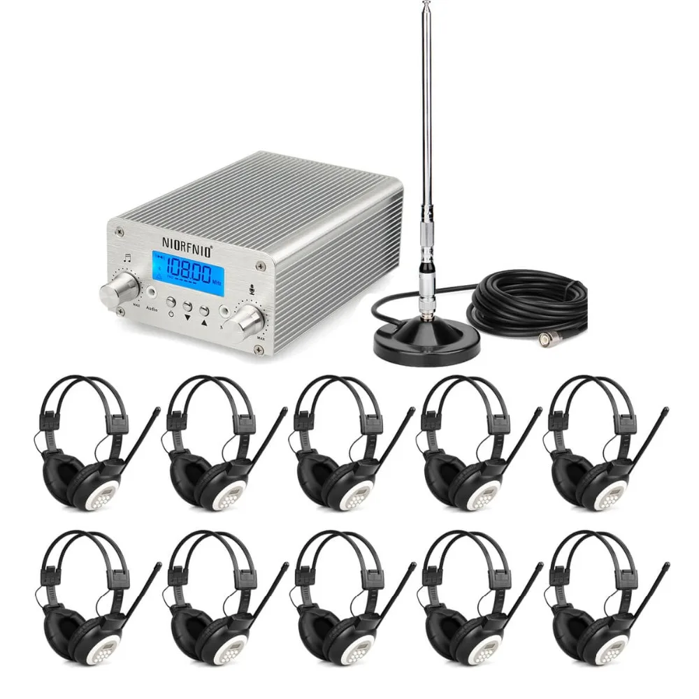 Wireless Broadcasting System 15W FM Transmitter + 10 Headphone + Telescopic Antenna for Church Meeting Translation Y4439