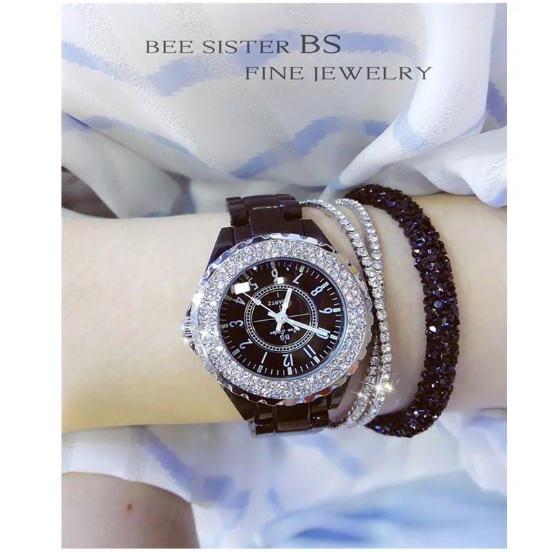 

Rhinestone Lady Wristwatch High-end Custom Linked List Watch Women Quartz Rhinestone Watches Round Dial Ceramic Watch band Fully