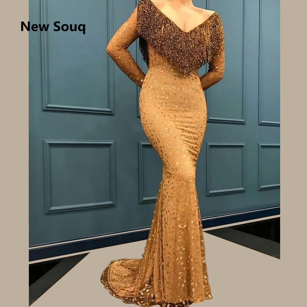 Shiny Sequins Tassel Evening Dresses Long Sleeves V-neck 2019 Sexy Long Prom Dress Saudi Arabic Dubai Middle East Evening Gowns Shiny Sequins Tassel Evening Dresses Long Sleeves V-neck 2019 Sexy Long Prom Dress Saudi Arabic Dubai Middle East Evening Gowns