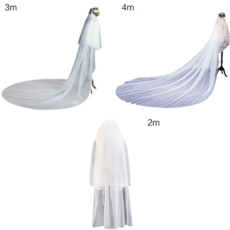 

3 Size Double Layer Women Cathedral Wedding Headwear 2 Tier Simple European Solid Color Soft Tulle Drape Bridal With Fixed Comb