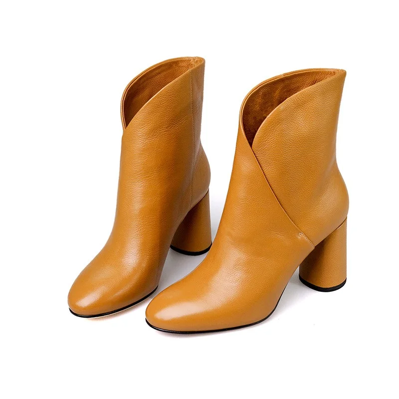 FACNDINLL/полусапожки; сезон осень-зима; модные пикантные женские ботильоны из натуральной кожи на высоком каблуке с круглым носком; женские ботинки для верховой езды - Цвет: yellow