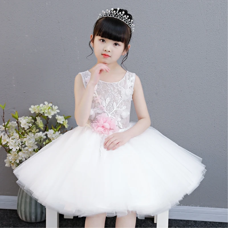 

2018 New Elegant Children Kids White Wedding Dress Tulle Lace Ball Gown Flowers Girl Dresses Kids Birthday Evening Party Dresses