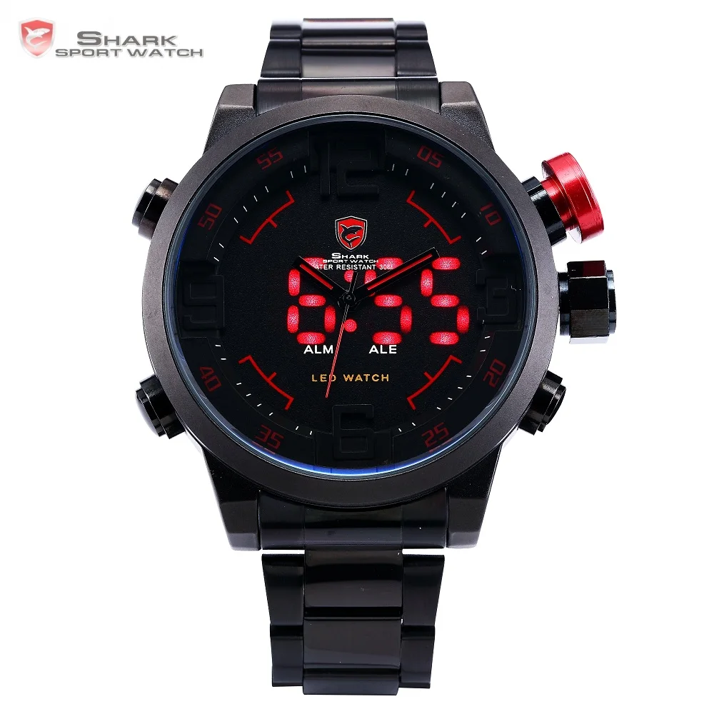 comprar Série de relógio do esporte de Gulper shark LED digital de aço inoxidável completa preto vermelho Data Alarme Dia de homens Relógios de Quartzo Militar SH105