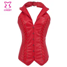 Corzzet Red Faux Leather Collar Steampunk Overbust Lace Up Corsets And Bustiers Waist Slimming Plus Size Sexy Gothic Corset