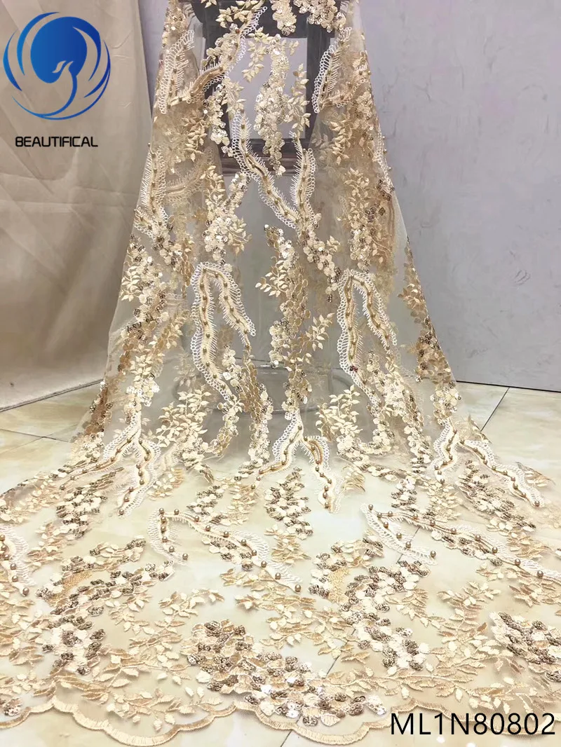 

Beautifical nigerian lace fabrics exquisite net lace with sequins fabric 5yards Latest style french lace beads fabric ML1N808