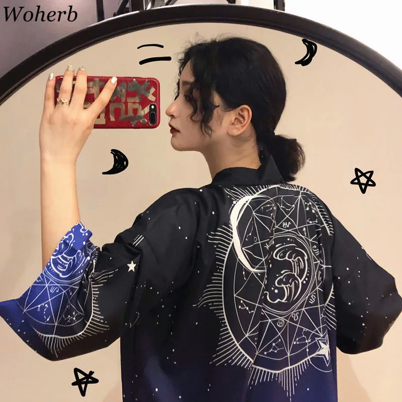 

Woherb Harajuku Kimono Cardigan Women 2019 Summer Loose Sunscreen Jacket Print Star Female Blouse Shirt 21304