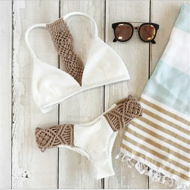 

Thong Bikinis 2019 Woman Mesh Breathable Crochet Separate Swimsuit Female Off The Shoulder Cut Out Patchwork Two Piece Swimwear