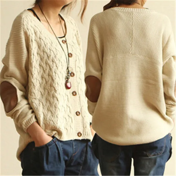 New Winter Women Retro Elbow Patch Loose Knit Cardigan Ladies Sweater