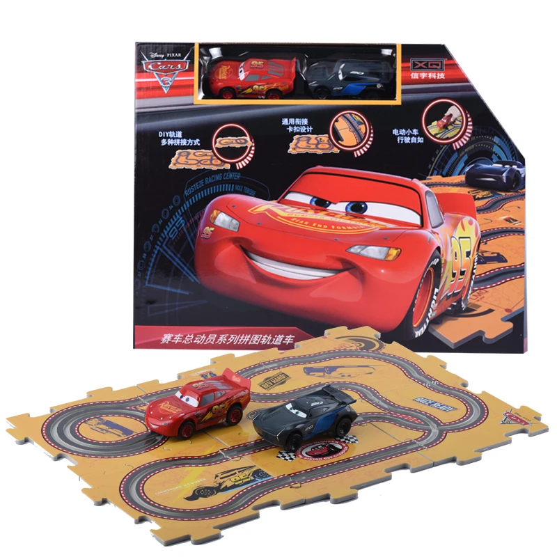 

2018 Disney Pixar Car 3 Track Cars McQueen Storm Jackson 2Pcs Electric Slot Cars Toys Movie Cars 3 Diecast with 10Pcs DIY Tracks