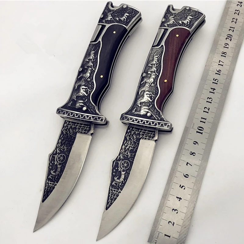 

9" Folding Knife Tactical Combat Pocket Utility EDC Rescue Knives Hunting Camping Multi Tools Aluminum + Wood Handle 440C Blade