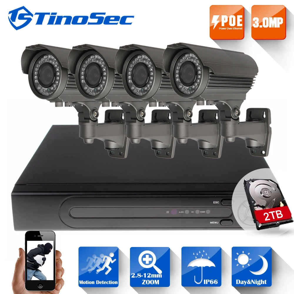 TinoSec 3K 8CH 3MP H.265 Surveillance System ONVIF P2P PoE 2048*1536 CCTV NVR 2.8-12mm lens Varifocal lens outdoor POE IP Camera