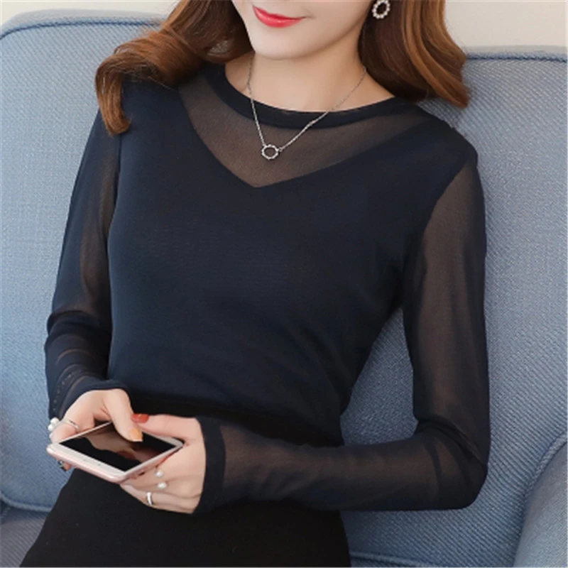new fashion women O-Neck long sleeve spring autumn thin shirt female Spliced sexy Lace Solid color slim blouse pullover clothing cute blouses