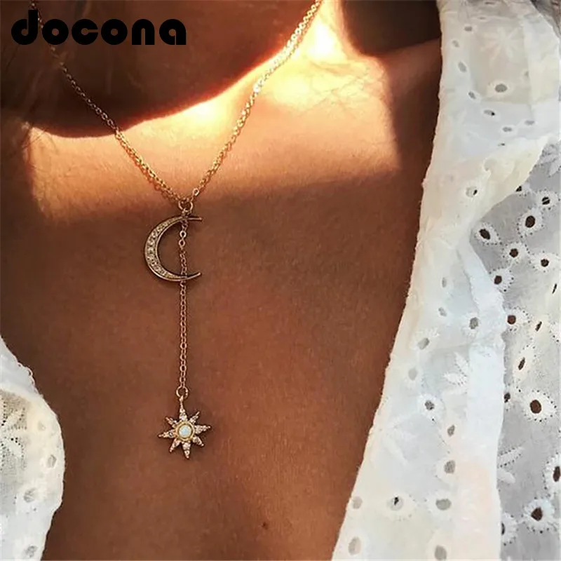 

docona Boho Gold Color Crystal Star Moon Layered Necklace for Women Long Charms Pendant Necklaces Statement Jewelry Collars 6733