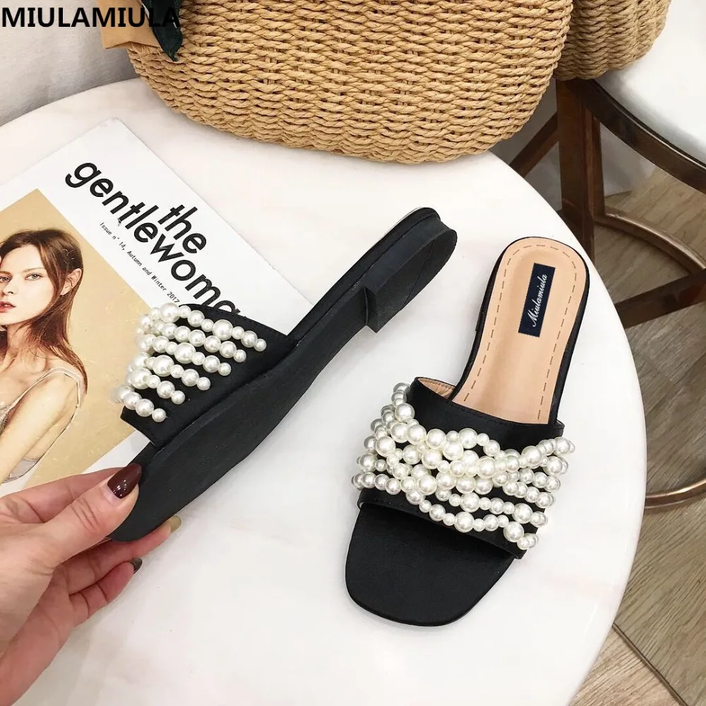 

MIULAMIULA Brand Designers 2019 Summer New Black Pink Luxury Pearl String Bead Woman Shoes Flat Slides Loafers Mules Flip Flops