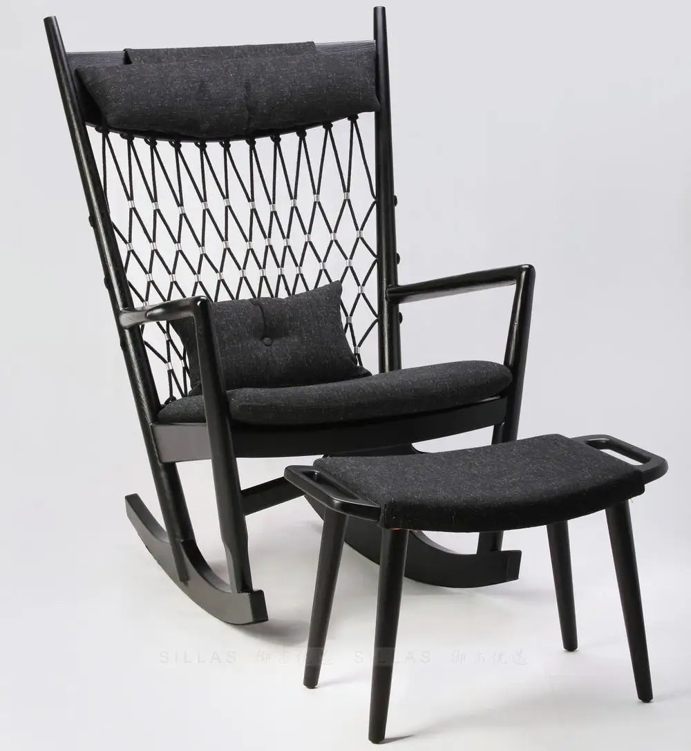 Nordic Wood Rocking Chair Recliner Sofa Ash Black Cloth Braided