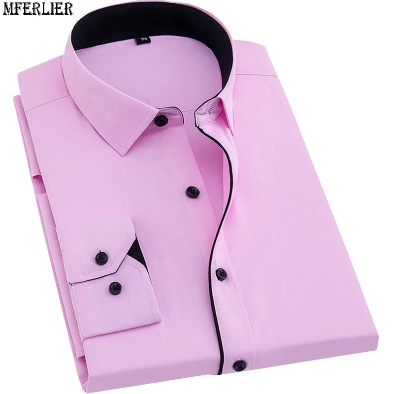 MFERLIER men dress shirt wedding pink large size long sleeve homme