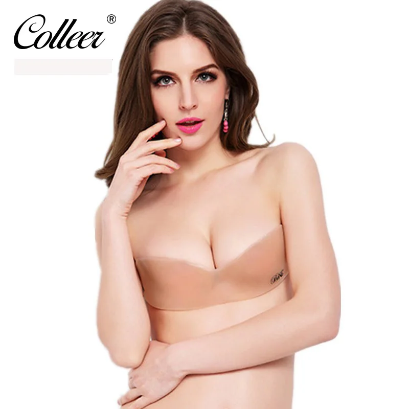 COLLEER Women Sexy Push Up Bra Front Closure Self Adhesive Invisible Silicone Seamless Strapless Bra For