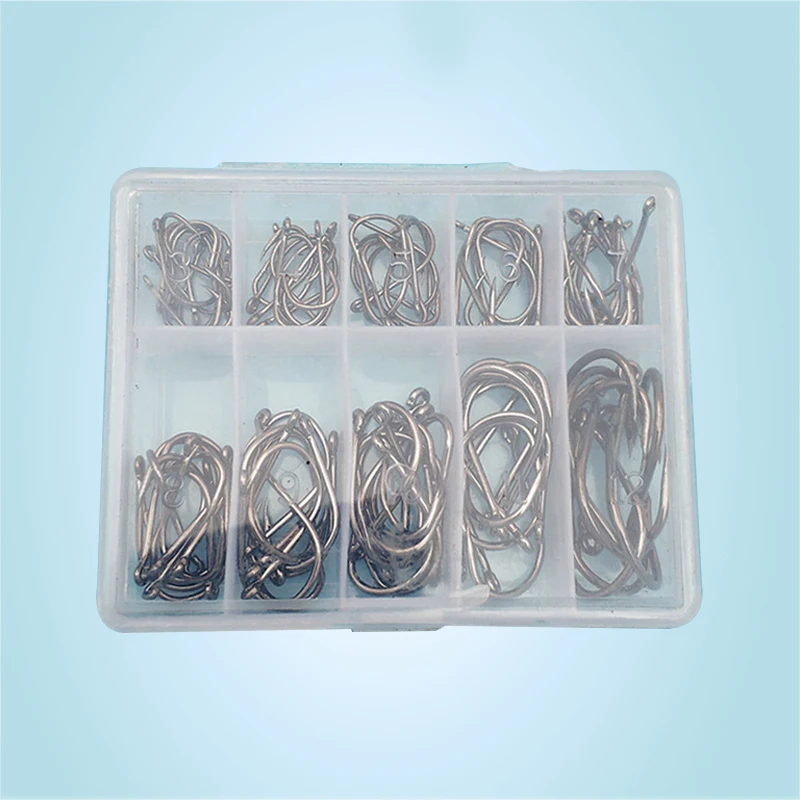 

100Pcs/Box Silver Fishhooks Hot Sale Fishing Hooks Tackle Set With Box 10 Sizes Mixed Fresh Water Fishing Hooks Dropshipping