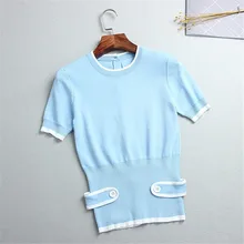 Delivery2017 новые летние трикотажные рубашки Для женщин короткий рукав кнопка «назад» тонкий короткий Для женщин s Вязание Футболка женская Повседневное Топы