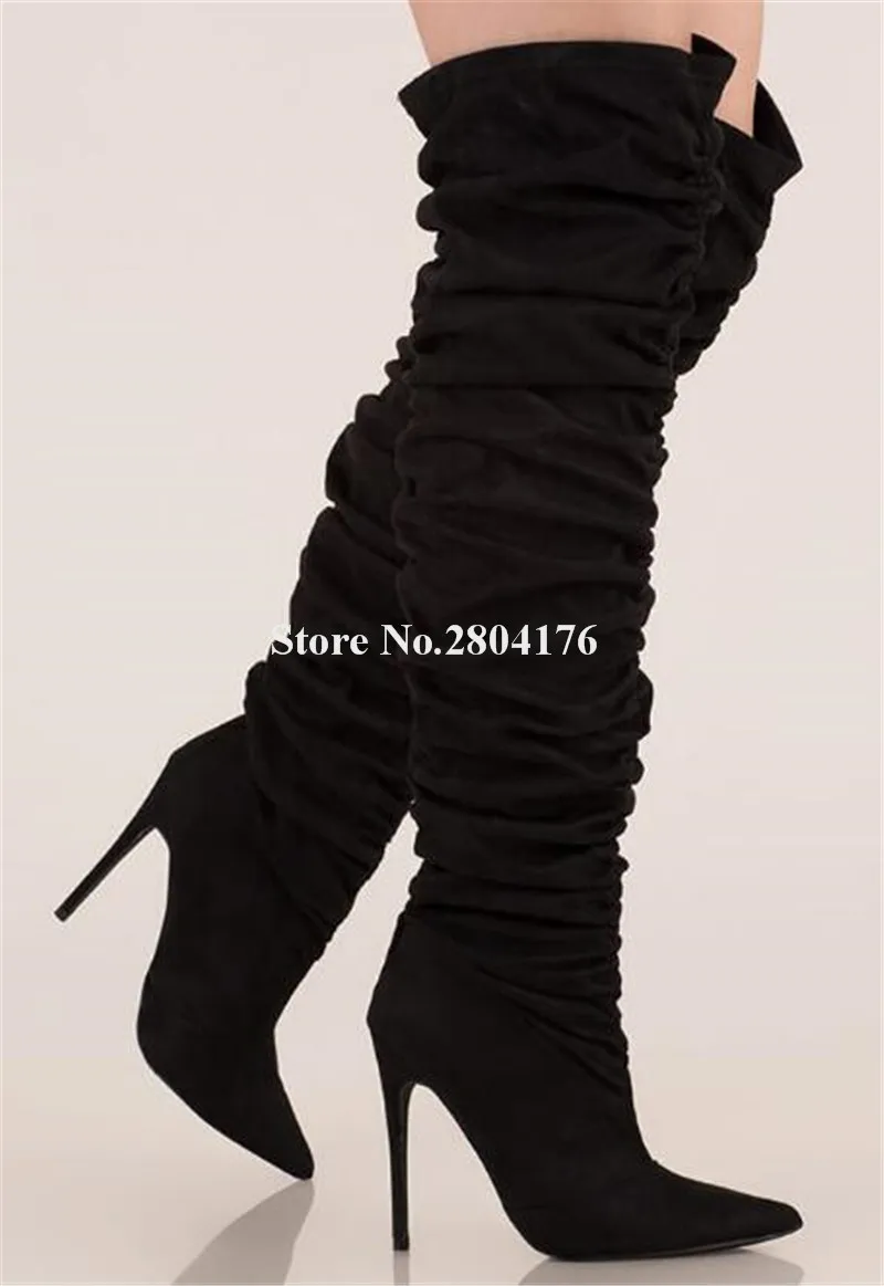 

Brand Design Women Fashion Pointed Toe Suede Leather Pleated Over Knee Boots Red Black Green Long High Heel Boots
