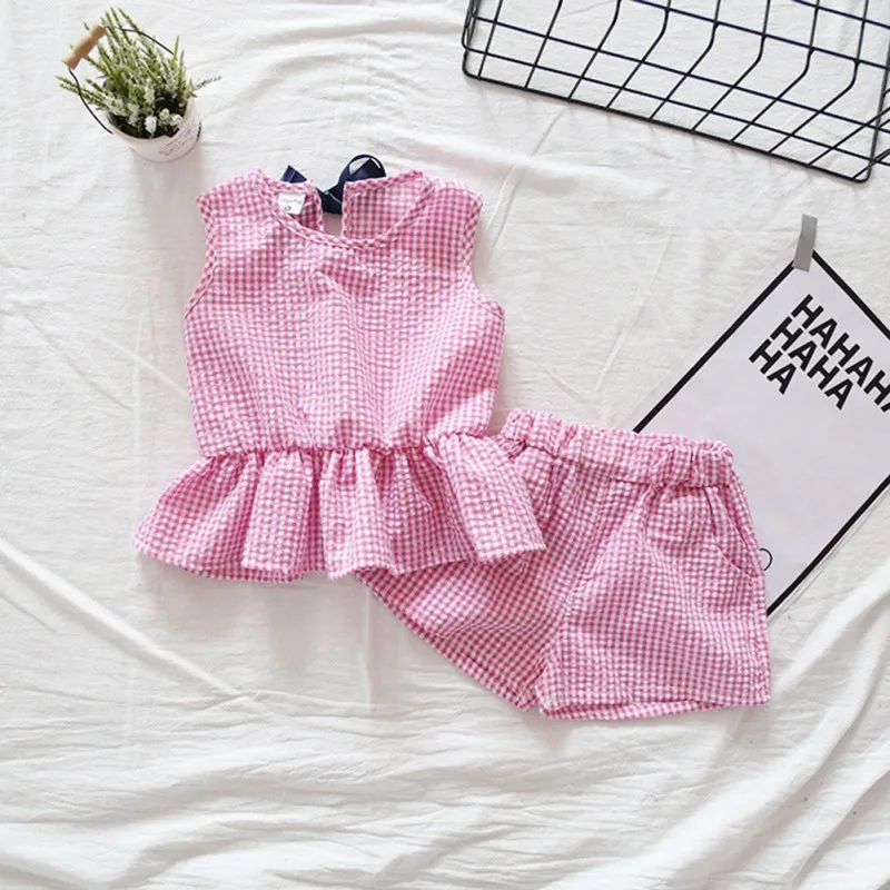 

Summer Children Girls Cute Baby Plaid Lattice Vest Ruffles Sleeveless Shirts + Shorts 2pcs Kids Clothes Suits