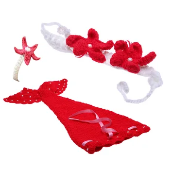 

MACH Baby Photo Props Infant Mermaid Red Crochet Knitting Costume Soft Adorable Clothes Photo Photography Props Newborn