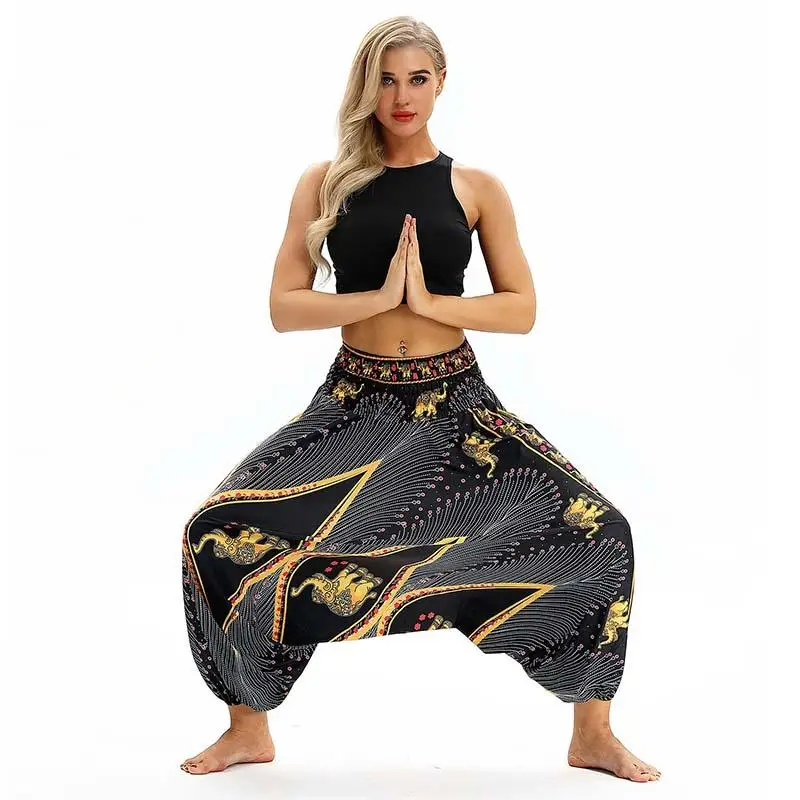 

Summer Women Elephant Printed Harem Pants Yoga Pants Vintage Travel Beach Baggy Low drop Crotch Trousers Hip Hop Lantern Pants