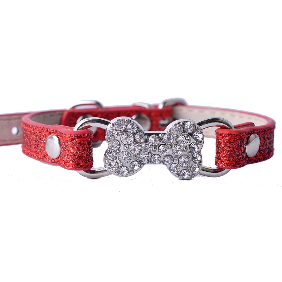 Bling Rhinestone Dog Collar Red Pink Gold Color Leather Collar For Dogs