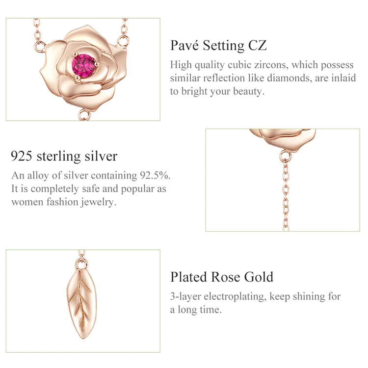 Колье bisaer, растение, роза, форма, розовое золото, натуральная 925 пробы, серебряные ювелирные изделия для женщин, кубический циркон, подарок, высокое качество, HVN068